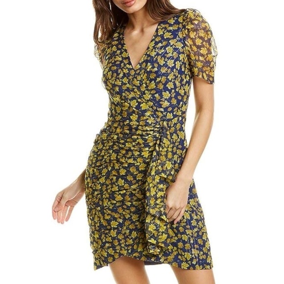 Shoshanna Dresses & Skirts - Shoshanna Blue Silk Yellow Floral Metallic Faux Wrap Ruffle Dress size 4